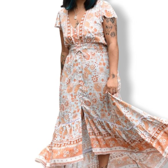 Honey Bunch blue orange + tan floral print high-low boho maxi dress fits AU 8-14 - Picture 9 of 15